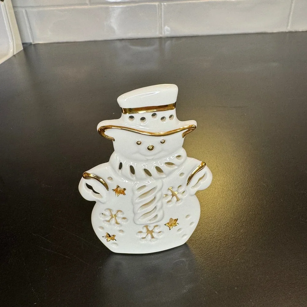 Lenox Snowman Votive Candle Holder Ivory Gold 24k Trim Holiday Decor 4.75in